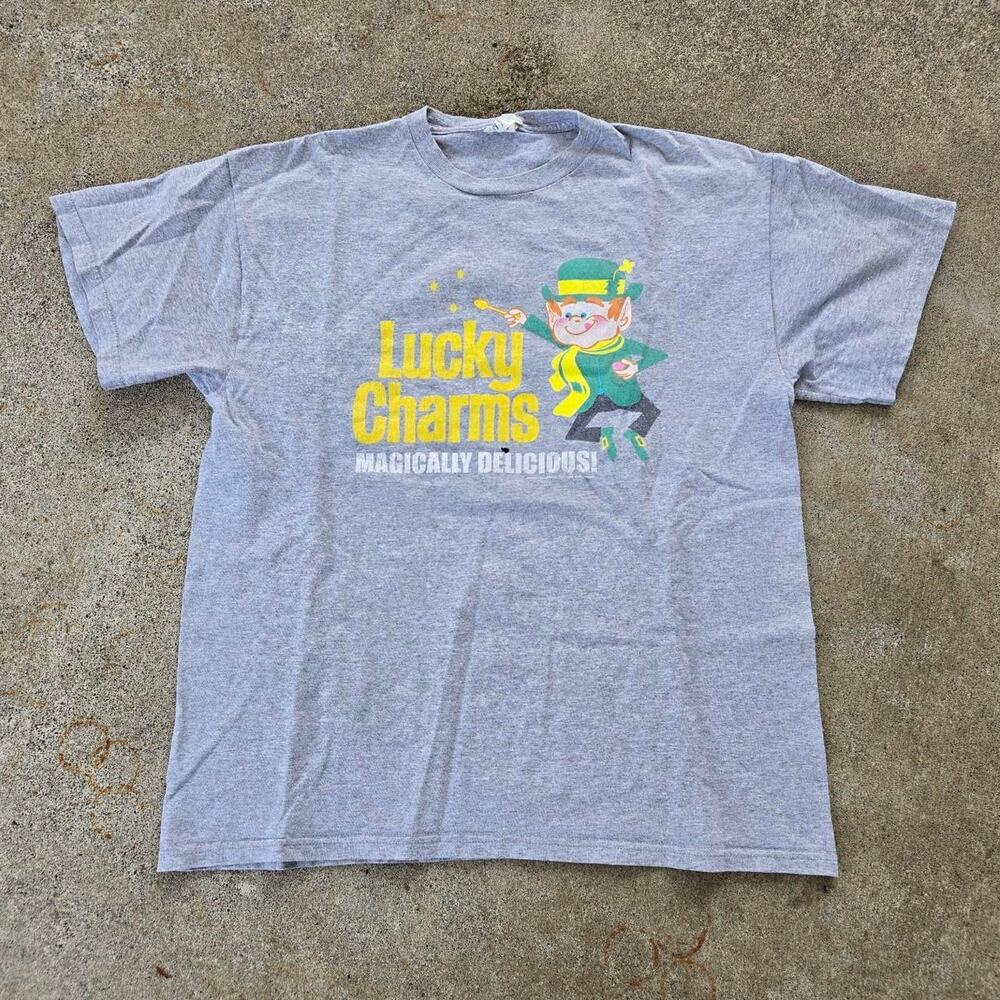 Vtg Y2k Lucky Charms Magically Delicious Breakfast Cereal T Shirt Gray Large